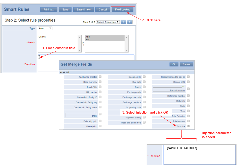 Screenshot of merge field selection window