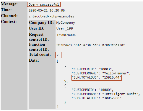 Log file contents with sample results