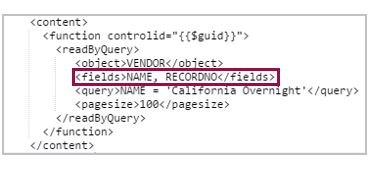 example limiting query to return name and recordno fields